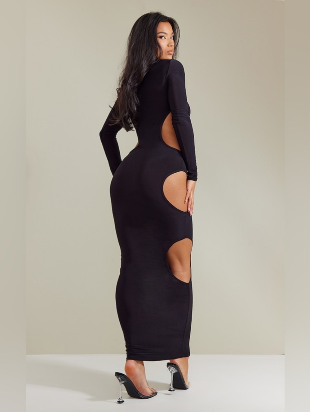 Akira Full Length Long Sleeve Black Maxi Dress - Bodycon Keyhole Side Cut-Outs - Picture 6 of 9